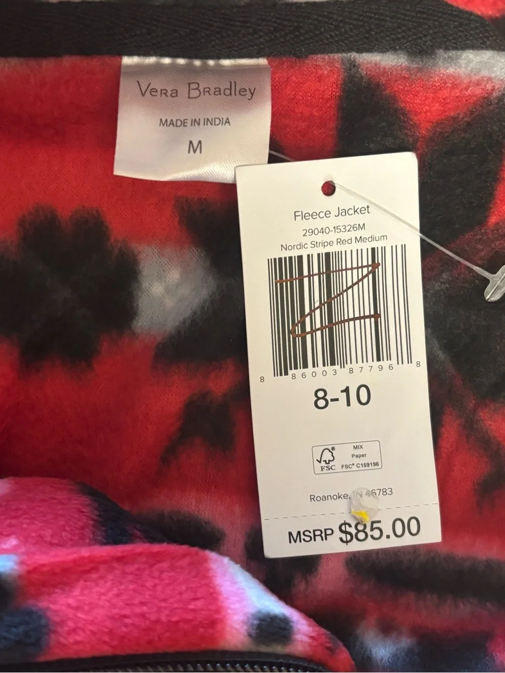 Vera Bradley Red Pink and Black Patterned Zip-Up Teddy Fleece Jacket